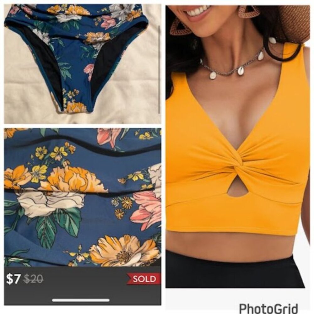 Cupshe Blue Floral NEW Large bottom and New Yellow Amazon swim top